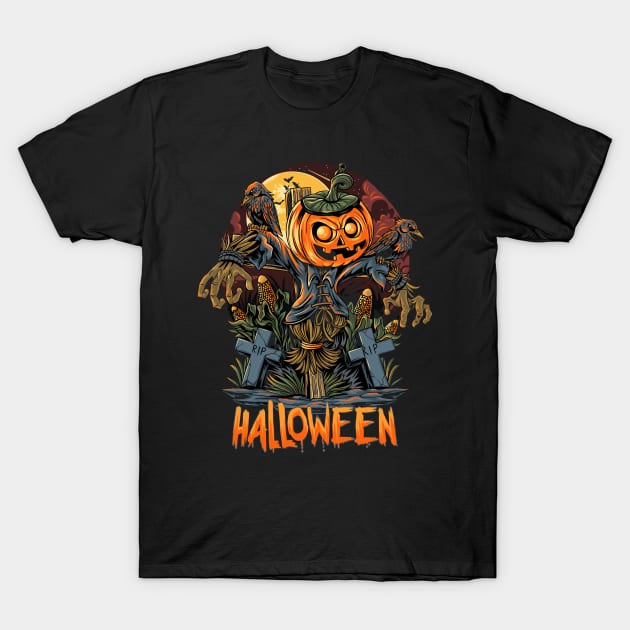 halloween scarecrow pumpkins artwork T-Shirt by drydenshops